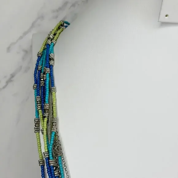 Chico's Multi Strand Seed Bead Necklace Blue Green Silver Tone Long ✨ - Picture 5 of 9